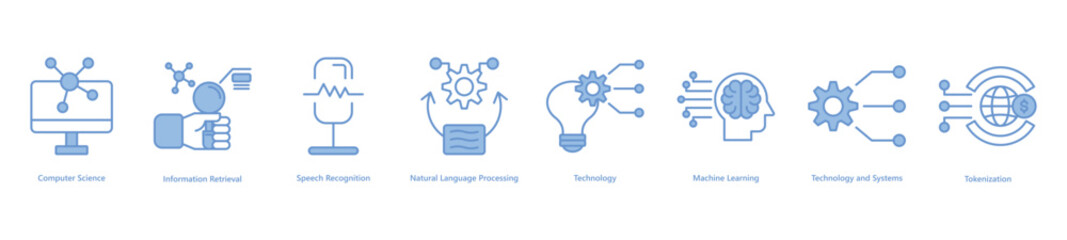 Core computer science banner web icon vector illustration featuring icons of computer science, information retrieval, speech recognition, natural language processing, technology, machine learning © rann_design