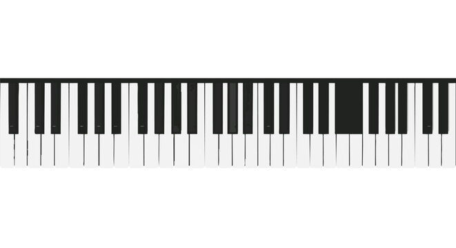 A horizontal perspective of a piano keyboard with black and white keys against a stark white background, inviting musical exploration and artistic