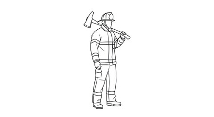 Line drawing of a firefighter in full gear holding an axe upright © Imdadul_Studio