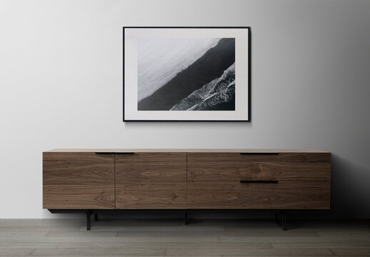 Minimalist Wooden Sideboard With Artwork Frame Mockup PSD