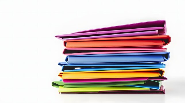 Stack of colorful document folders isolated on clean background. Office paperwork concept for file organization, archive storage, document management and business administration.
