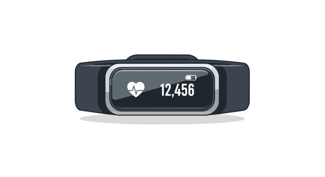 Futuristic fitness tracker displaying heart rate and step count with battery indicator on white background