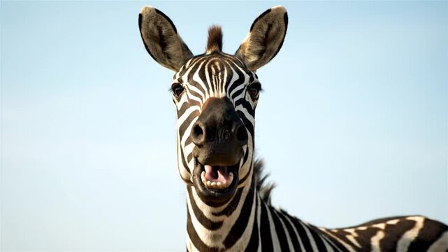 Zebra face in blue sky.