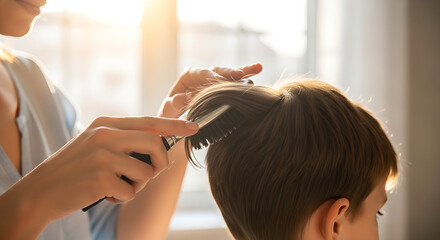 Naklejka premium Professional haircut in salon with stylist using scissors on woman's dark hair