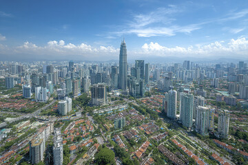 Fototapeta premium Aerial wide shot of city skyline with skyscraper towers and residential buildings under blue sky with clouds, showing urban landscape and modern architecture in daylight