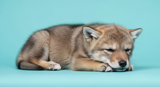 An enchanting moment of a tiny, sleepy wolf cub in a deep, peaceful slumber, delicately curled on a soft blue background, highlighting its precious, youthful charm