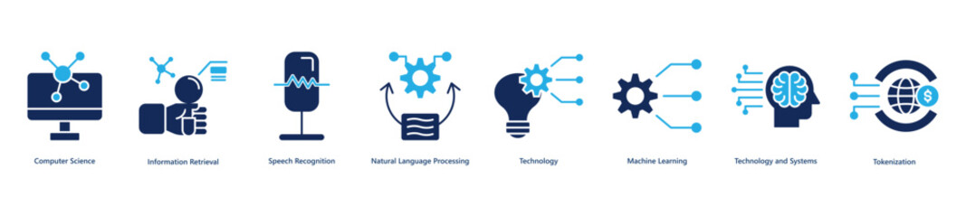 Core computer science banner web icon vector illustration featuring icons of computer science, information retrieval, speech recognition, natural language processing, technology, machine learning © rann_design