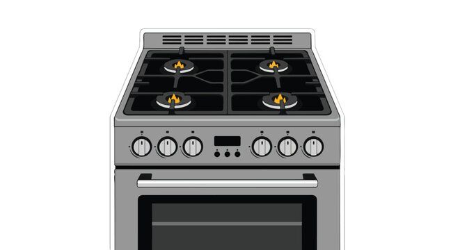 A detailed, vectorized illustration of a four-burner gas stove with a lit burner set against a clean white background, suitable for design projects.