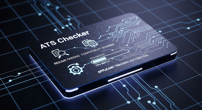 Dark Modern Digital Card Interface on Holographic Grid Background for Applicant Tracking System Checker and Resume Parsing Software Technology Concept with Glowing Blue Neon Light Effects