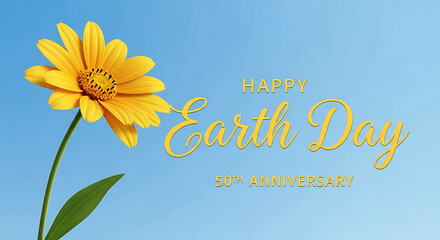 Bright yellow sunflower with Earth Day 50th anniversary text on blue background green stem