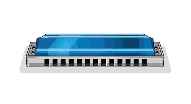 A bright blue harmonica with silver accents rests on a white background, showcasing its intricate design for musical creation