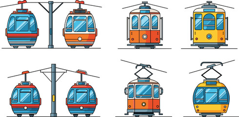 cable car gondola icons set, mountain ropeway transport collection, aerial tramway cabins illustration, tourism cable lift vector © Its Marjia's World