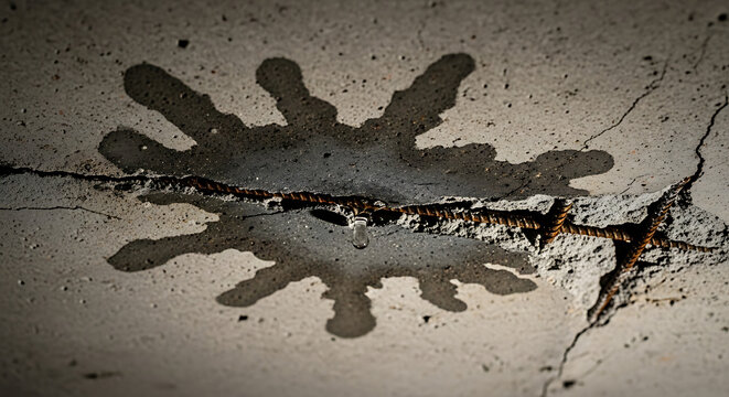 Damaged grey concrete ceiling featuring a significant water stain and structural crack signifying a severe roof leak leading to moisture seepage and potential house deterioration problems.