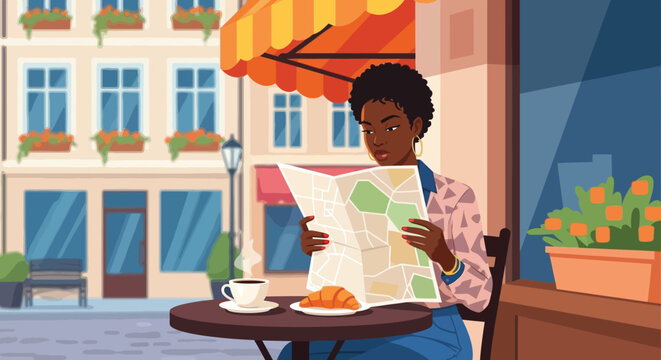 A woman plans her journey reading a map at an outdoor cafe.
