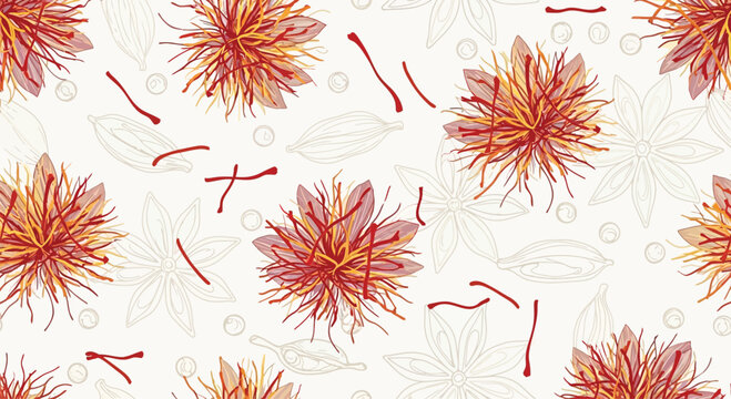 A beautiful seamless pattern showcasing delicate saffron flowers and threads.