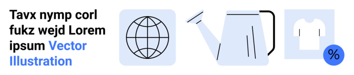 E-commerce, environmental care, global business, gardening tips, clothing retail, discount shopping. Features icons of a globe, watering can t-shirt and percentage symbol. E-commerce and global