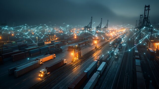 intermodal blockchain logistics hub with cargo trains, trucks and port cranes, glowing digital supply chain nodes