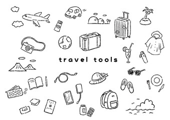 旅行モチーフの手描き風モノクロ線画セット © mamiko