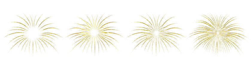 Fototapeta premium Golden glitter fireworks burst set isolated on transparent background, featuring sparkling festive explosions.