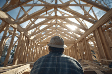 Carpenter wearing hard hat working on wooden framing structure of residential building under clear sky with sunlight shining through beams