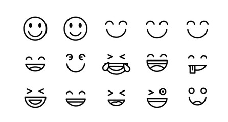 A set of various emoticon faces in a minimalist line art style on a white background