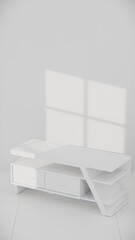 Fototapeta premium 3D render of modern TV console with angular design, drawers, and shelves. Perfect for furniture catalogs, product visualization, interior design projects, and contemporary decor presentations.