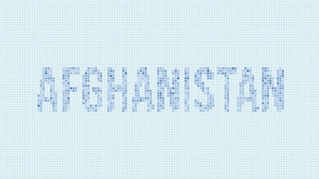 Afghanistan dotted map animation. Digital style shape of the country. Afghanistan shape and title dots appear with bulb flickering effect. Intro, outro, logo, title video.