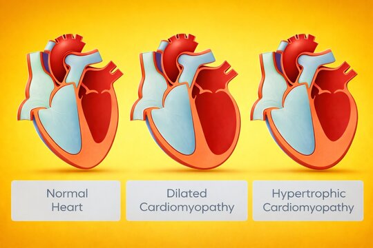 Illustrations comparing a normal heart with dilated and hypertrophic cardiomyopathy, highlighting structural changes, chamber size differences, and clinical cardiology concepts.