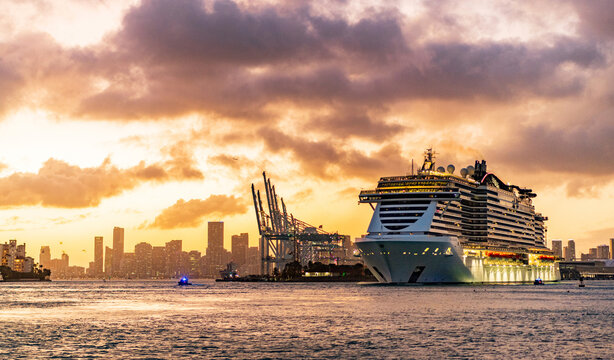 Miami, Florida, USA - December 16, 2024: Cruise in summer vacation. MSC cruises cruise line. Cruise ship tour and travel at sea. Illuminated ship in evening. MSC Seaside cruise ship voyage