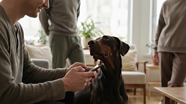 Man Interacting with Rottweiler Dog Indoors.