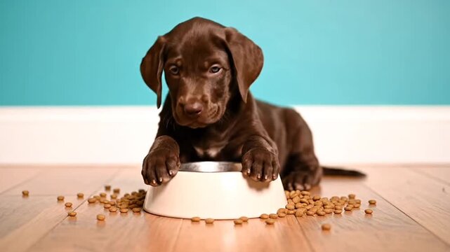 Brown puppy with food bowl.