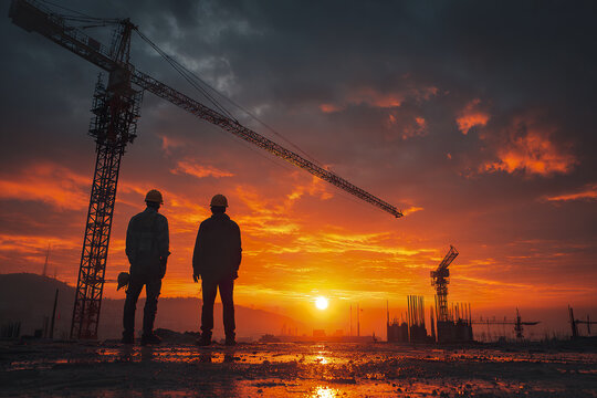 Construction site sunset silhouette workers with crane and reflective wet ground, showing progress and teamwork in industrial environment under dramatic sky