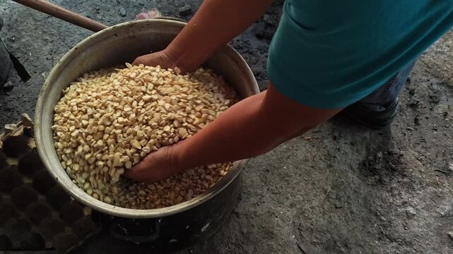 Hand mixing dried corn kernels in a metal container