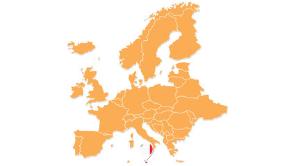 Malta map in Europe, Icons showing Malta location and flags.