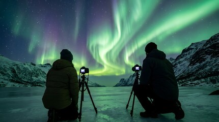 Fototapeta premium Two photographers capturing the stunning aurora borealis over a frozen arctic landscape at night.