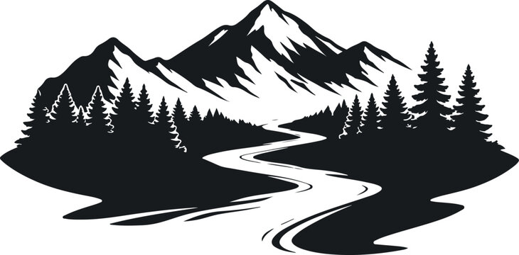 Mountain Landscape with River and Pine Forest Silhouette Nature Vector Illustration