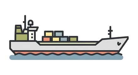 Obraz premium Simplified, colored icon of a cargo vessel sailing across ocean waves. Contains shipping containers on deck, with masts and a bridge