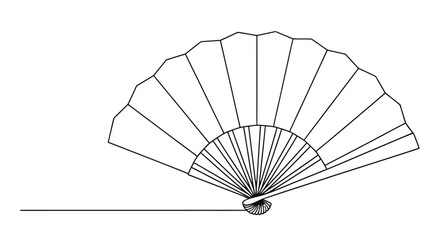 Line art illustration of a partially open handheld folding fan on a white background © SHYFUL_STUDIO