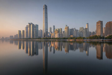 Obraz premium Modern city skyline with tall skyscraper reflecting on calm water at sunset, showcasing contemporary architecture and urban landscape with clear sky and peaceful atmosphere