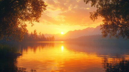 Obraz premium Golden Sunset Reflection on Serene Mountain Lake sunset lake reflection serene landscape nature sky