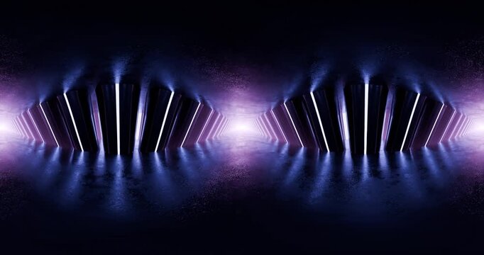 Futuristic neon sci-fi tunnel with purple blue glow 360 vr 3d loop animation