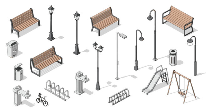 A variety of isometric playground equipment including benches, street lamps, a bicycle, a slide, and a swing set.