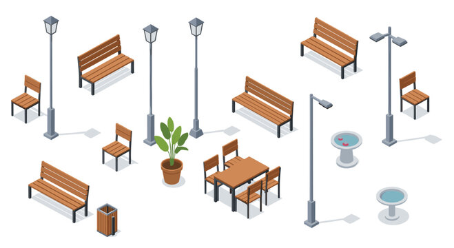A set of isometric outdoor park elements including wooden benches, street lights, a dining table, and stone birdbaths.