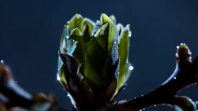 Abstract bud transformation at night background with unfurling under moonlight