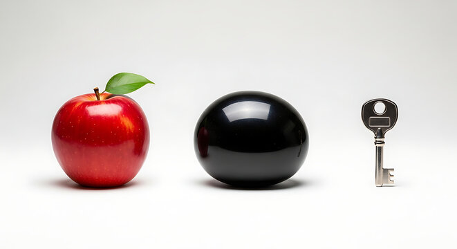 a shiny red apple a glossy black sphere and a silver key arranged on a clean white background symbolizing choices and secrets