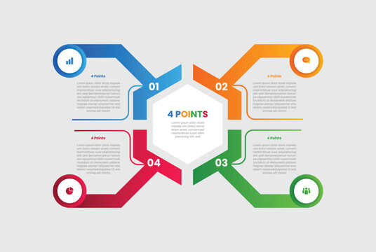 4 points infographic with gradient style with hexagon base with quadrant structure with thick line circle badge with 4 elements stages