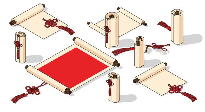 An assortment of isometric paper scrolls in red and cream colors are scattered across a white surface with attached decorative red tassels.