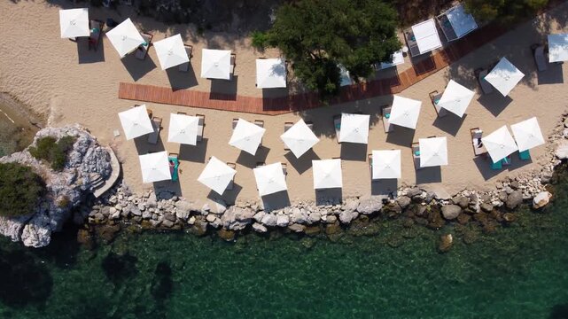 Top View over Emerald Beach Umbrellas, Angsana Hotel, Corfu, Greece