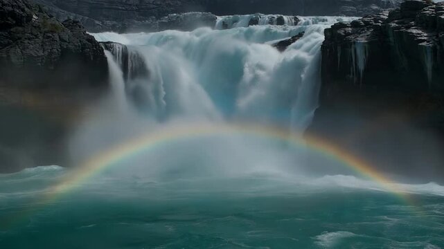 Abstract power of glacial waterfall background with milky water plunging into turquoise