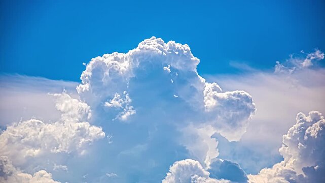 Timelapse of towering cumulus cloud formation growing in a bright blue sky with evolving cloud structure, dynamic atmosphere, shifting weather pattern and dramatic cloudscape above a calm landscape.